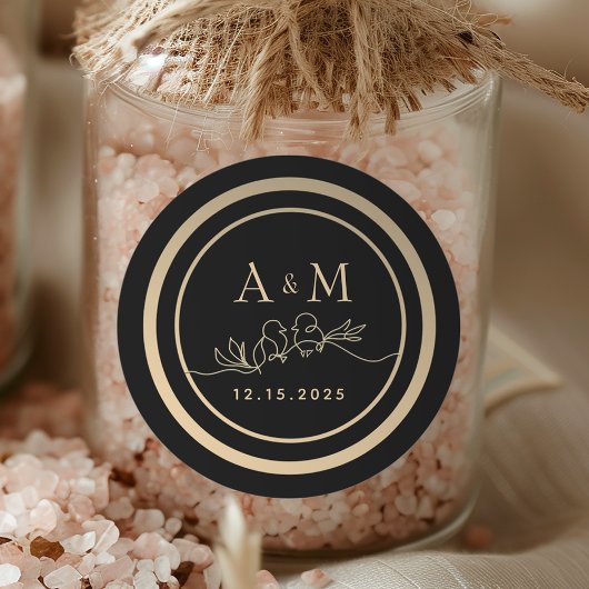 Sticker Rond Noir et or Monogramme mariage Faveur