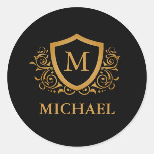 Sticker Rond Noir et Or Personnalisé Stylo Nom Monogramme