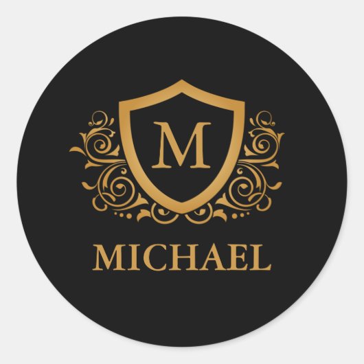 Sticker Rond Noir et Or Personnalisé Stylo Nom Monogramme (Devant)