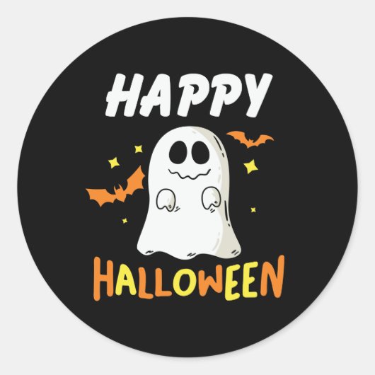 Sticker Rond Noir et orange avec Ghost Happy Halloween (Devant)