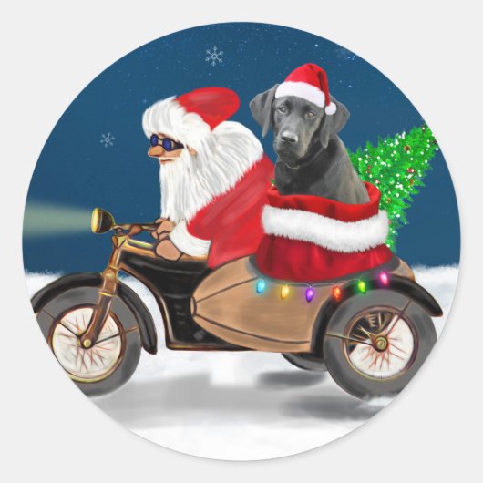 Sticker Rond Noir Labrador Chien Noël Père Noël (Devant)
