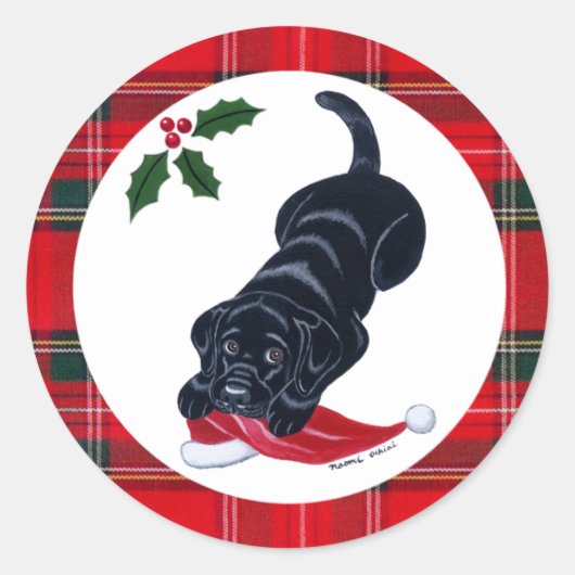 Sticker Rond Noir Labrador Chiot et Santa Hat Noël (Devant)