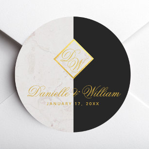 Sticker Rond Noir Marbre Blanc Monogramme Or Mariage élégant