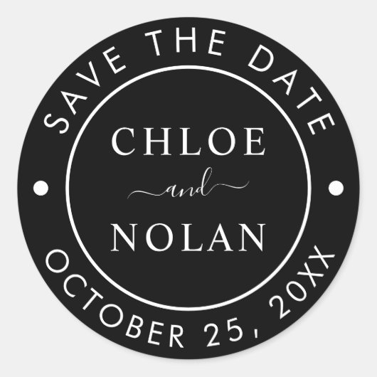 Sticker Rond Noir Mariage Enregistrer la date Script moderne (Devant)