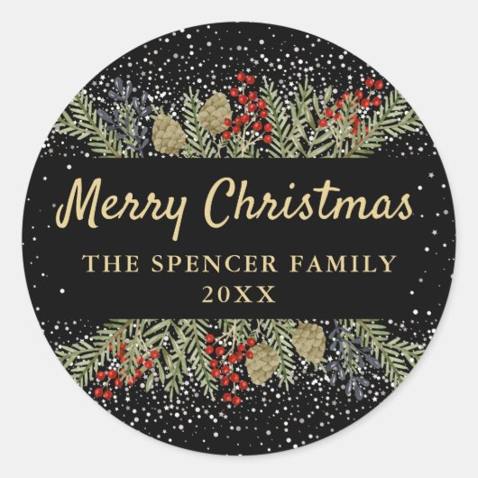 Sticker Rond Noir moderne hiver Holly Berries Noël (Devant)
