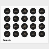 Sticker Rond Noir Monogramme Or élégant Nom de script élégant (Feuille)
