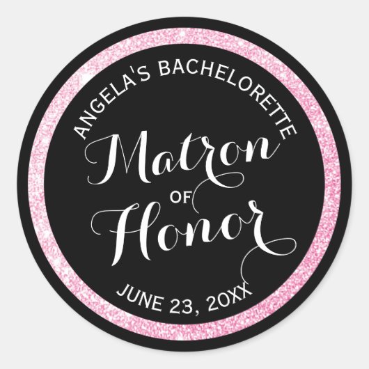 Sticker Rond Noir n rose Parties scintillant Matron d'honneur B (Devant)