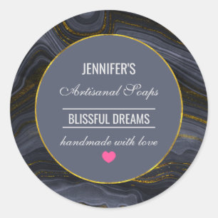 Sticker Rond Noir & Or moderne Agate Pierre savon Abstrait
