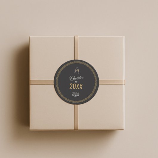 Sticker Rond Noir & Or moderne Joyeux Nouvel An Grec Meander