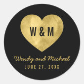 Sticker Rond Noir & Or Monogramme Mariage coeur Enregistrer la  (Devant)