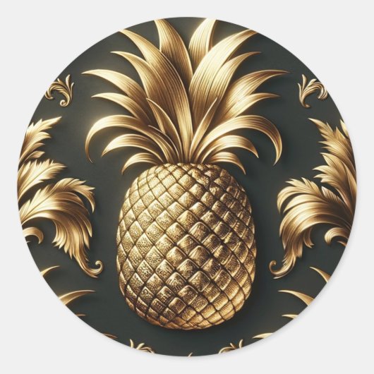 Sticker Rond Noir & Or Tropical Pineapple Luxueux Mariage (Devant)