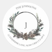 Sticker Rond Noir Pinecone Berry Wreath Monogramme Classi (Devant)