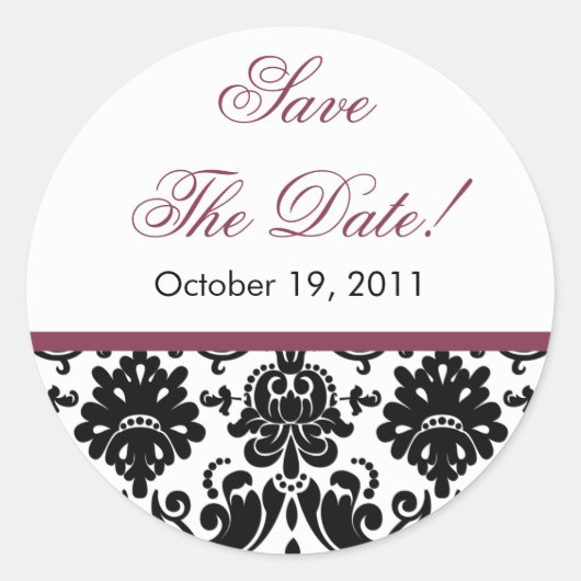 Sticker Rond Noir & Plum Damask Enregistrer la date Mariage Sti (Devant)