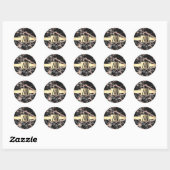 Sticker Rond Noir & Rose Gold Marble Boîte, Nom & Monogramme (Feuille)