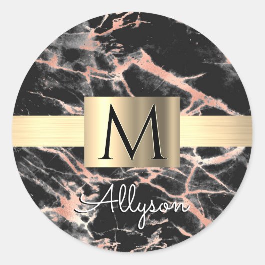 Sticker Rond Noir & Rose Gold Marble Boîte, Nom & Monogramme (Devant)