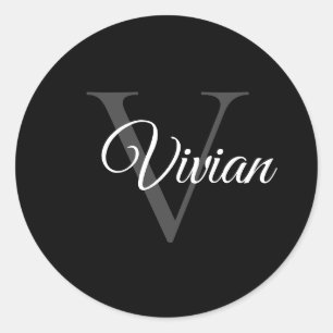 Sticker Rond Noir Simple Avec Monogramme Gris Et Nom Blanc