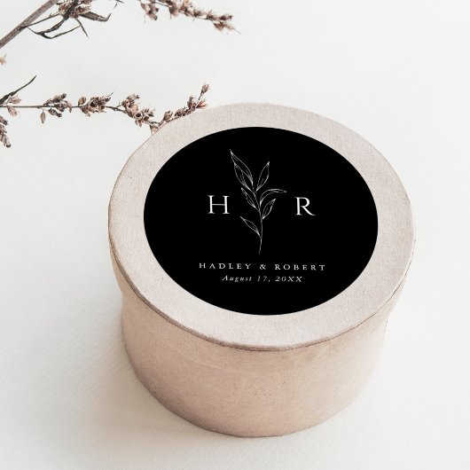 Sticker Rond Noir Simple Minimal Monogramme Mariage botanique