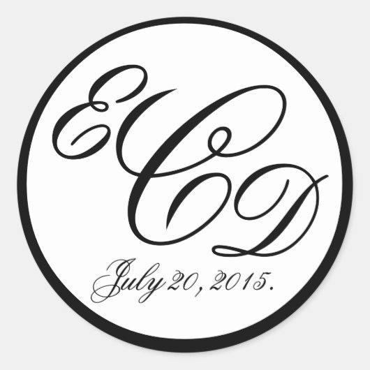 Sticker Rond Noir Trois Initiales Monogramme Mariage Faveur (Devant)