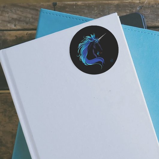 Sticker Rond Noir Unicorne Bleu argent