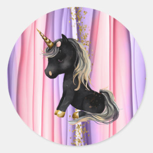 Sticker Rond Noir Unicorne oreilles roses