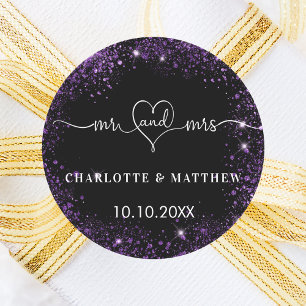 Sticker Rond Noir violet m mrs coeur mariage