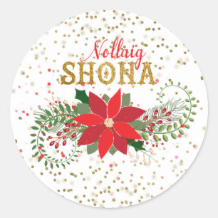 Sticker Rond Nollaig Shona Parties scintillant d'or Poinsettia 