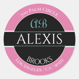 Sticker Rond Nom Adresse Monogramme, rose noir et blanc