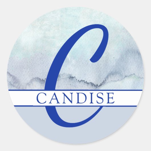 Sticker Rond Nom | Aquarelle bleu monogramme (Devant)