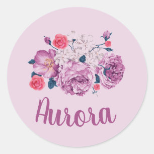 Sticker Rond Nom Aurore Floral Personnalisé Fleur Vintage Rose
