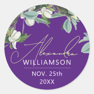 Sticker Rond Nom Date Élégant Botanique Floral Violet