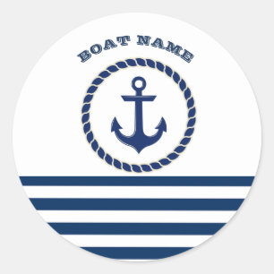 Sticker Rond Nom de bateau nautique, ancre bleu marine rayé