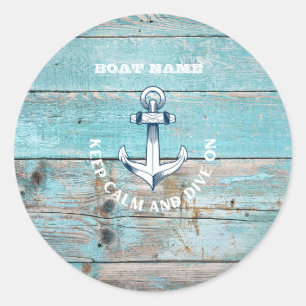 Sticker Rond Nom de bateau nautique Ancre Bois rustique