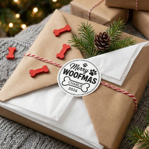 Sticker Rond Nom de chien personnalisé Joyeux Woofmas Noël Fête