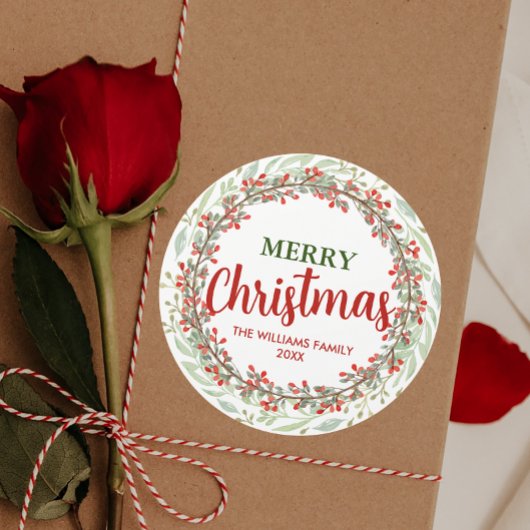Sticker Rond Nom de famille Joyeux Noël Flower Wreath