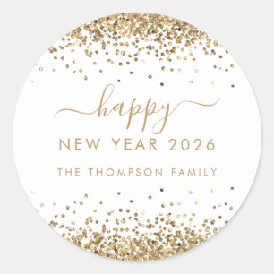 Sticker Rond Nom de la Parties scintillant d'or White Happy New