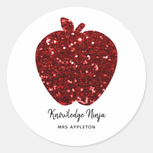 Sticker Rond Nom de l'enseignant personnalisé Sparkly Red Apple
