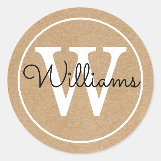 Sticker Rond Nom de monogramme élégant Rustic Kraft (Devant)