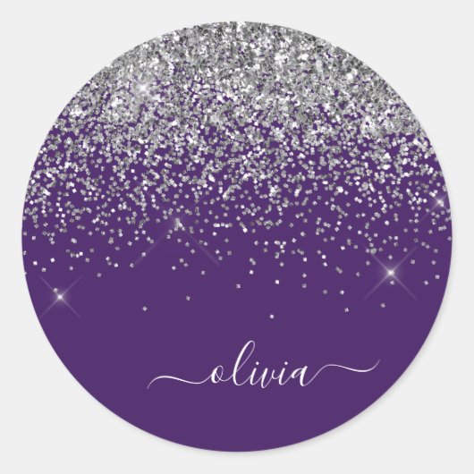 Sticker Rond Nom de monogramme girly pailleté violet argenté (Devant)