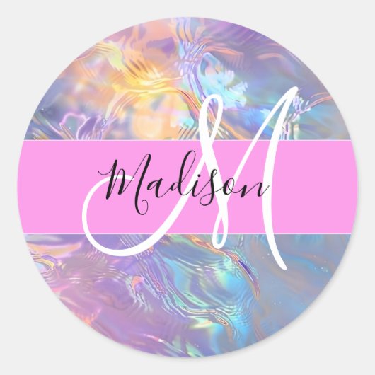 Sticker Rond Nom de monogramme holographique iridescent rose fé (Devant)