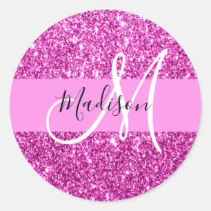 Sticker Rond Nom de monogramme scintillant de paillettes rose e