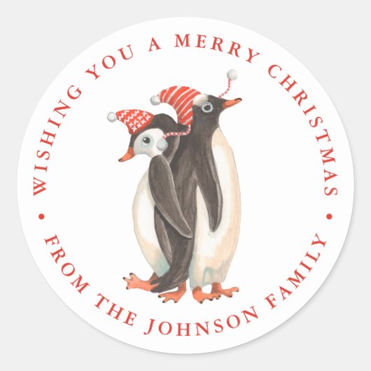 Sticker Rond Nom de Noël des vacances de pingouin mignon (Devant)