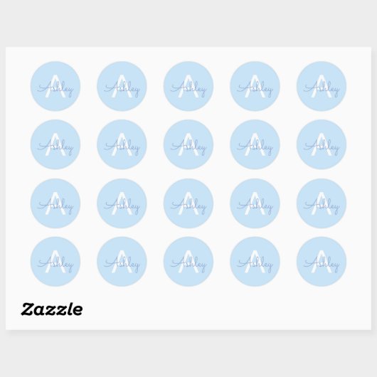 Sticker Rond Nom de script & monogramme | Bleu clair blanc viol (Feuille)