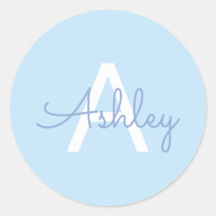 Sticker Rond Nom de script & monogramme Bleu clair blanc viol