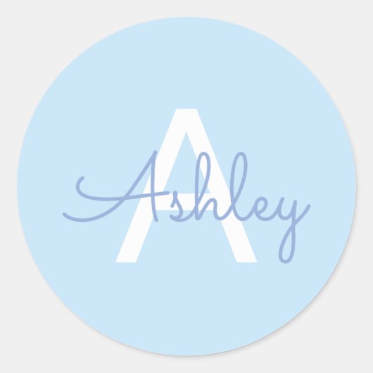 Sticker Rond Nom de script & monogramme | Bleu clair blanc viol (Devant)