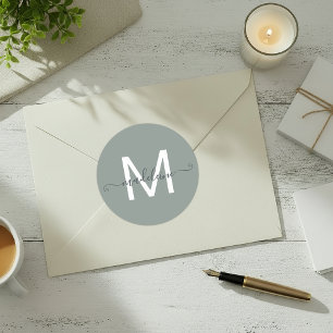 Sticker Rond Nom de script personnalisé Monogramme Vert poussié