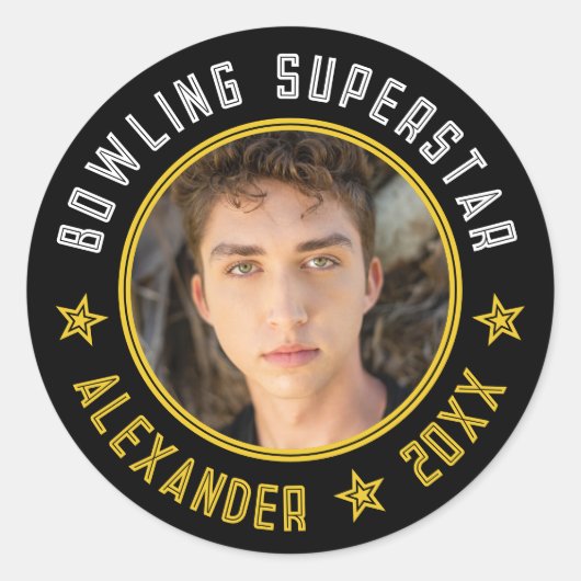 Sticker Rond Nom de superstar de bowling moderne Photo Date Noi (Devant)