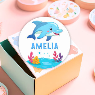 Sticker Rond Nom des animaux de mer dauphins mignons