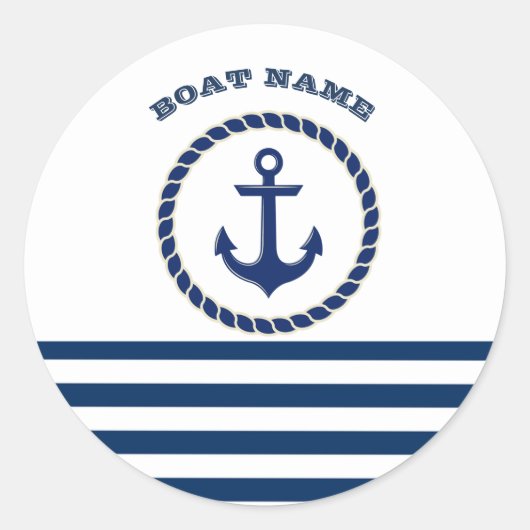 Sticker Rond Nom du bateau nautique, Ancre Marine Bleu rayé (Devant)