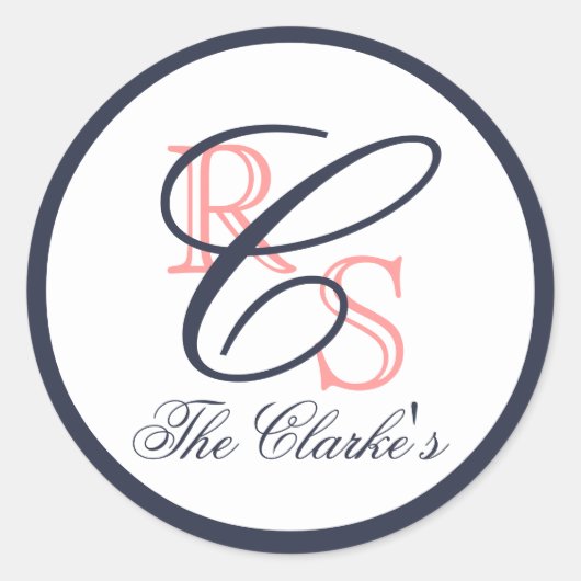 Sticker Rond Nom du mariage monographique, Pêche, bleu marine (Devant)