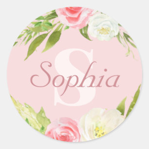 Sticker Rond Nom du monogramme Aquarelle rose Floral